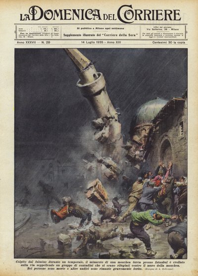 Villámcsapott egy zivatar során, egy török ​​mecset minaretjében Isztambul közelében? alkotó: Achille Beltrame