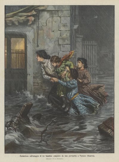Egy fiatal lány bátor megmentett három lányt Varazzében (Genova) alkotó: Achille Beltrame