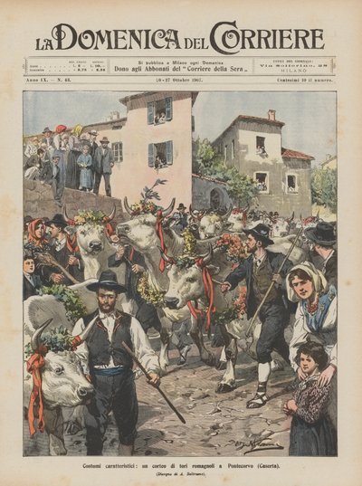Jellegzetes jelmezek, Romagnai bikák felvonulása Pontecorvóban (Casertában) alkotó: Achille Beltrame