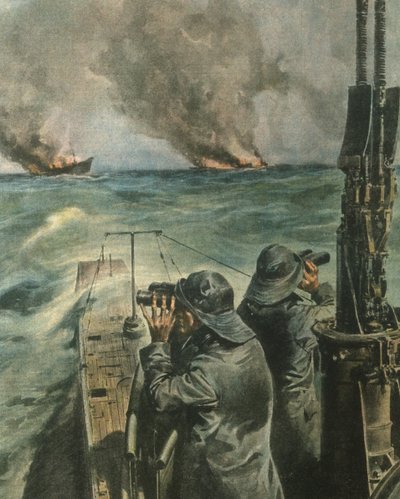 Borítóillusztráció angol-amerikai gőzhajókról, amelyeket megtorpedóztak Nyugat-Afrika partjainál a második világháború alatt alkotó: Achille Beltrame
