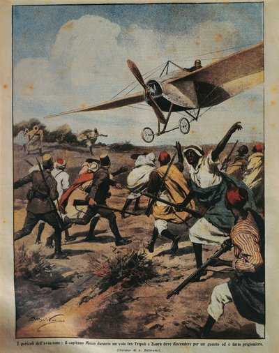 Borítóillusztráció Moizo kapitányról, amint leszállást kísérel meg az afrikai hadjárat során, Achille Beltrame (1871-1945), La Domenica del Corriere, 1912. szeptember 22. alkotó: Achille Beltrame