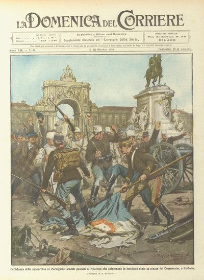 A monarchia hanyatlása Portugáliában, a katonák átmentek a zászlót taposó zavargókhoz? alkotó: Achille Beltrame