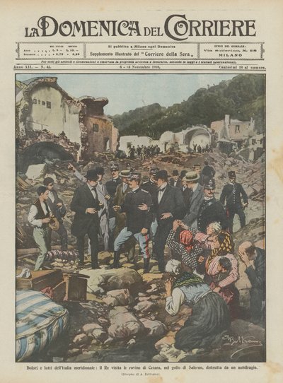 Fájdalom és bánat Dél-Olaszországban, a király felkeresi Cetara romjait, a Salernói-öbölben? alkotó: Achille Beltrame