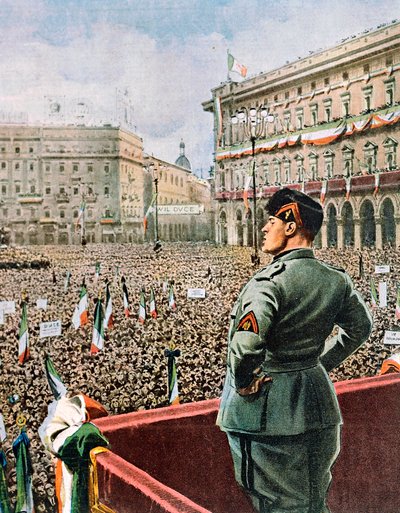 Duce beszéde a milánói Piazza Duomo-ban, Achille Beltrame (1871-1945) a La Domenica del Corriere 1930. májusi számából alkotó: Achille Beltrame