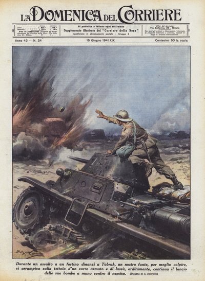 Egy Tobruk előtti erőd elleni támadás során az egyik gyalogosunk, hogy jobb csapást mérjen? alkotó: Achille Beltrame