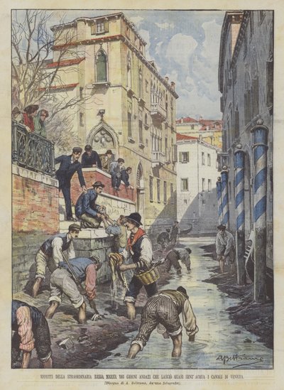 Az elmúlt napok rendkívüli apályának hatásai, amelyek szinte víz nélkül hagyják el a velencei csatornákat alkotó: Achille Beltrame