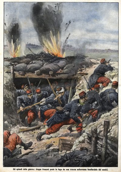 Az 1914-es háború epizódja: A francia csapatokat a lövészárokban bombázzák az ellenségek. “La Domenica del Corriere” alkotó: Achille Beltrame