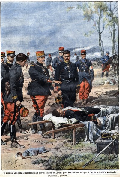 Az 1914-es háború epizódja: Noel Edouard de Curieres de Castelnau tábornok (1851-1944), a francia hadsereg lotharingiai parancsnoka megesküszik halott fia holttestére, hogy megbosszulja őt. Illusztráció: Achille Beltrame a „La Domenica del Corriere” című f alkotó: Achille Beltrame