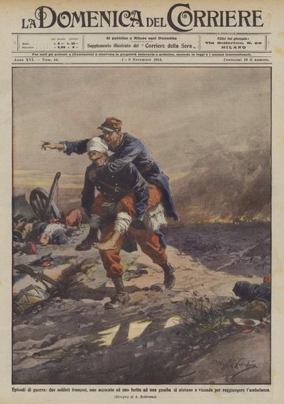 Háborús epizódok, két francia katona, egy megvakult és egy lábon megsebesült, segítik egymást? alkotó: Achille Beltrame
