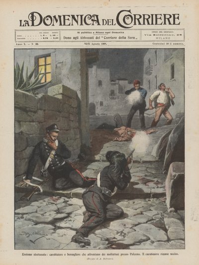 Szerencsétlen hősiesség, karabiner és bersagliere, amellyel a bűnözők szembesülnek Palermo közelében? alkotó: Achille Beltrame