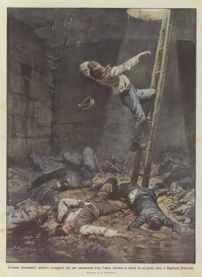 Szerencsétlen hősiesség, négy bátor ember, akik, hogy segítsenek egymásnak, megtalálják a halálukat? alkotó: Achille Beltrame
