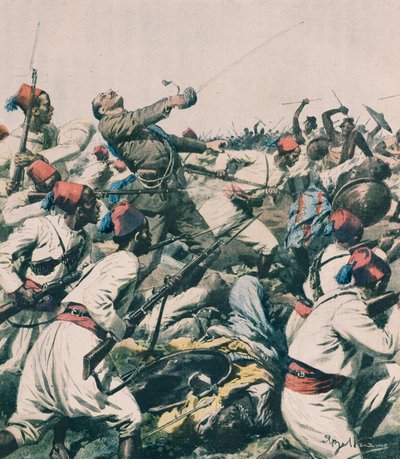 Etióp támadás Lugh helyőrsége ellen és Bongiovanni kapitány megölése, Achille Beltrame, illusztráció, Achille Beltrame (1871-1945), a La Domenica del Corriere-ből alkotó: Achille Beltrame