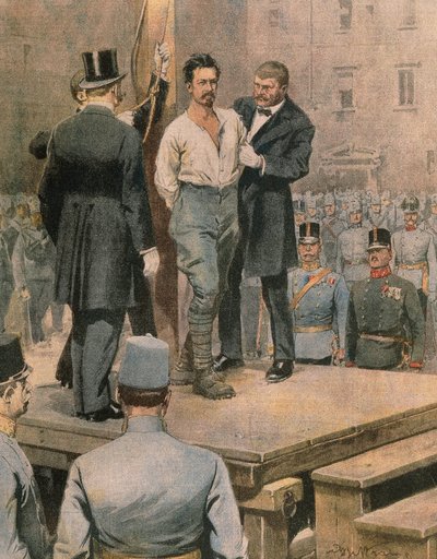 Cesare Battisti kivégzése Trentóban, Achille Beltrame, illusztráció, illusztrátor Achille Beltrame (1871-1945), La Domenica del Corriere, 1916. július alkotó: Achille Beltrame