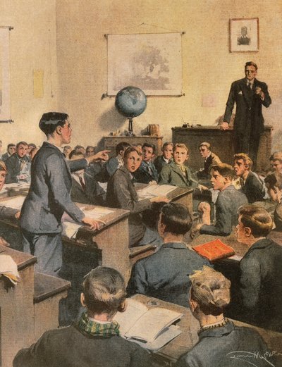 Küzdelem az analfabéta ellen, gyerekek az iskolában, Achille Beltrame, illusztráció, illusztrátor Achille Beltrame (1871-1945), a La Domenica del Corriere-ből alkotó: Achille Beltrame