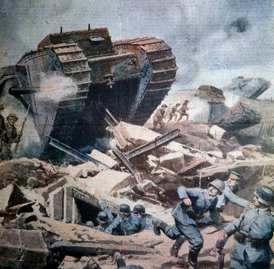 Első világháború (1914-1918): "" Angol tankok támadásai Picardiában"" Illusztráció az Achilles-beltrame-ről a La Domenica del Corriere 1916-ból alkotó: Achille Beltrame