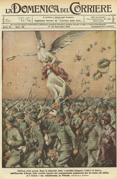 Első világháború 1918 – Olaszország a háborúban. Győzelem Napja. A dicsőség órájában. Egy titáni küzdelem, a hatalmas áldozatok, a halálesetek, a viharok után az olasz hadsereg, a hős római légiók, akik a legszentebb ügyéért harcoltak, felemelték az áldoza alkotó: Achille Beltrame