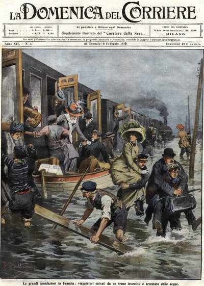 Áradások Párizs környékén 1910 januárjában, a „Domenica del corriere” február 6-i borítója alkotó: Achille Beltrame