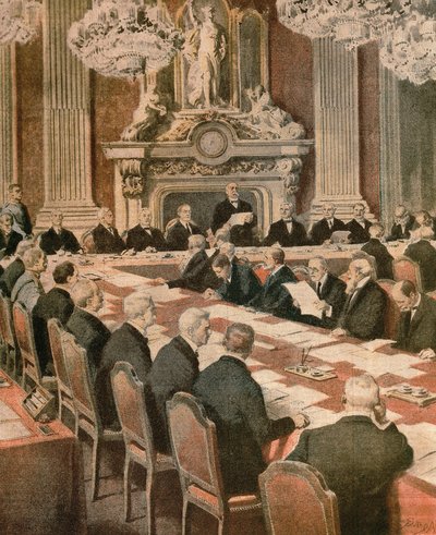 Georges Clemenceau francia elnök beszédet mond a párizsi békekonferencián, Achille Beltrame, illusztráció, Achille Beltrame (1871-1945), a La Domenica del Corriere-ből alkotó: Achille Beltrame