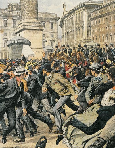 Általános munkássztrájk Rómában, Achille Beltrame, illusztráció, Illusztrátor Achille Beltrame (1871-1945), a La Domenica del Corriere-ből alkotó: Achille Beltrame