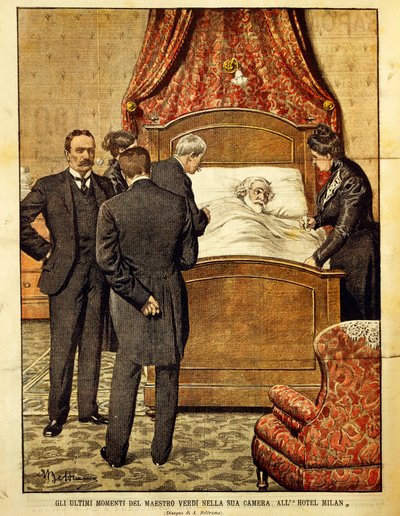 Giuseppe Verdi (1813-1901) haldoklik, illusztrációja: Achille Beltrame (1871-1945). Olaszország, XX. század. alkotó: Achille Beltrame