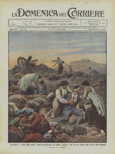 A háború borzalmai és fájdalmai, montenegrói nők, akik a terepre mennek keresni szeretteiket? alkotó: Achille Beltrame