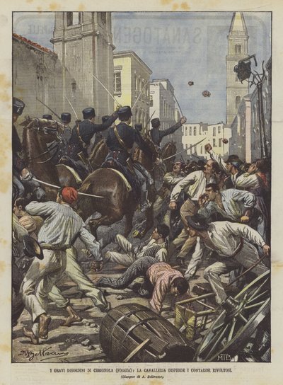 Cerignola (Foggia) súlyos rendellenességei, a lovasság szétoszlatja a lázadó parasztokat alkotó: Achille Beltrame