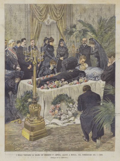 A királyiak meglátogatják I. Umberto maradványait, amint megérkeznek Monzába, Corr 1. délutánján alkotó: Achille Beltrame