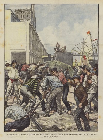 A civilizáció visszafejlődése, a gabonakirakodók erőszakossága a genovai kikötőben, hogy tiltakozzanak a silók ellen alkotó: Achille Beltrame