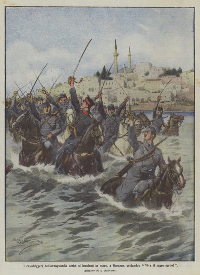 A szerb élcsapat lovasai a tengerbe indulnak Durresben, kiáltozva: Éljen a tenger szerbol alkotó: Achille Beltrame