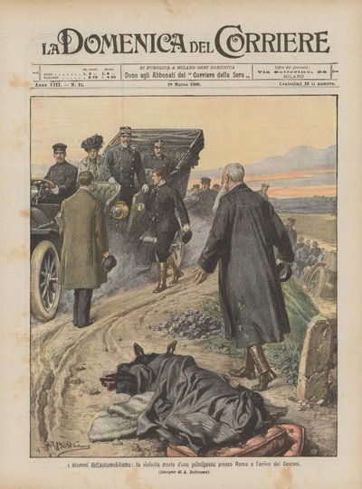 Az autózás drámái, egy hercegnő erőszakos halála Róma közelében és az uralkodók érkezése alkotó: Achille Beltrame