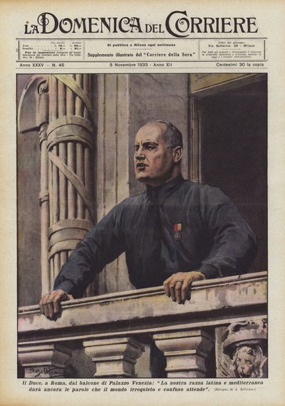 Il Duce, Rómában, a Palazzo Venezia erkélyéről, ad-e még latin és mediterrán fajunk? alkotó: Achille Beltrame