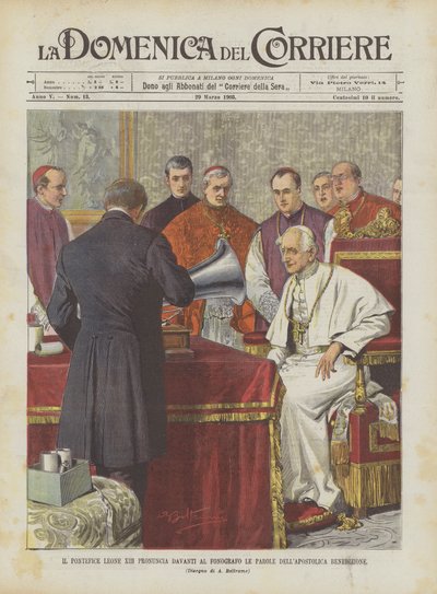 XIII. Leó pápa a fonográf előtt kimondja az apostoli áldás szavait alkotó: Achille Beltrame