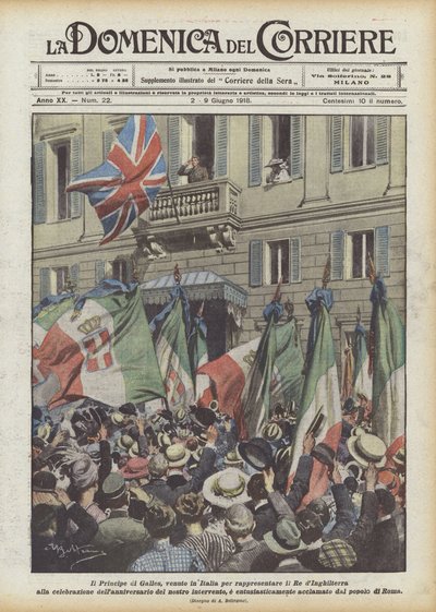 A walesi herceg, aki azért érkezett Olaszországba, hogy Anglia királyát képviselje az ünnepségen? alkotó: Achille Beltrame