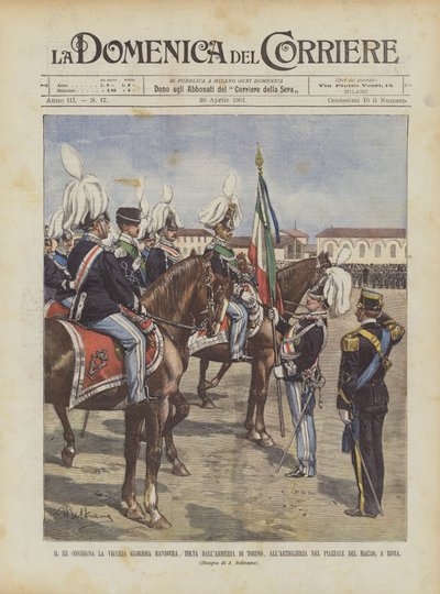 A király a tüzérséghez szállítja a régi, dicsőséges zászlót, amelyet eltávolítottak a torinói fegyverraktárból? alkotó: Achille Beltrame