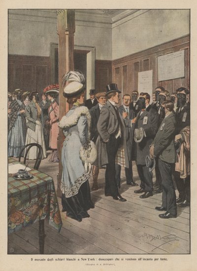 A New York-i fehér rabszolgapiac, munkanélküliek, akik árverésen árulják magukat éhségért (színes litho) alkotó: Achille Beltrame