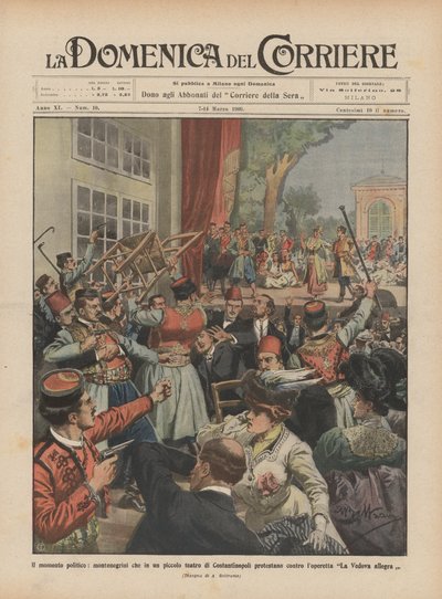 A politikai pillanat, a montenegróiak tiltakozása ellen egy konstantinápolyi kis színházban? alkotó: Achille Beltrame