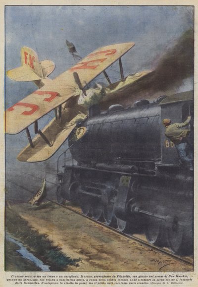 Az első ütközés egy vonat és egy repülőgép között alkotó: Achille Beltrame