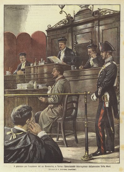 Bonmartini társának meggyilkolásának tárgyalása Torinóban, Tullio Murri gyilkos izgalmas kihallgatása alkotó: Achille Beltrame