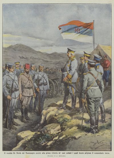 Az öreg Miklós montenegrói király tanúja lehet katonái első győzelmének, amit meg is szereztek? alkotó: Achille Beltrame