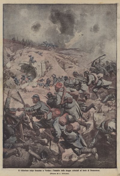 A győztes francia puccs Verdunban, a gyarmati csapatok támadása Douaumont erődjénél alkotó: Achille Beltrame