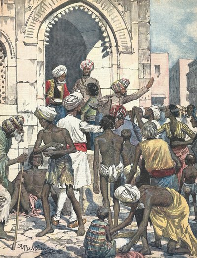 India. A szárazság járványokat okoz. Élelmiszerosztás. Illusztrálta: Antonio Beltrame. „La domenica del Corriere””. február 26 alkotó: Achille Beltrame