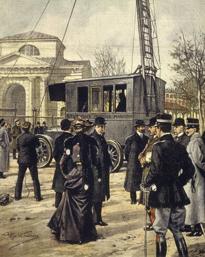 Guglielmo Marconi olasz fizikus az első mobil rádióállomással végzett kísérleteken vesz részt Milánóban, december 30-án alkotó: Achille Beltrame