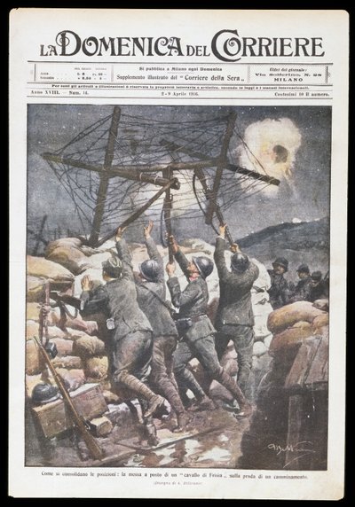Olasz katonák lövészárokba helyezik a fríz lovat, Achille Beltrame (1871-1945) tányérja Domenica del Corriere számára, 1916. április 2-9., első világháború, Olaszország, XX. század alkotó: Achille Beltrame