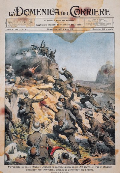 Olasz csapatok előrenyomulva etióp földön, illusztráció a La Domenica del Corriere-ből, október 20. alkotó: Achille Beltrame