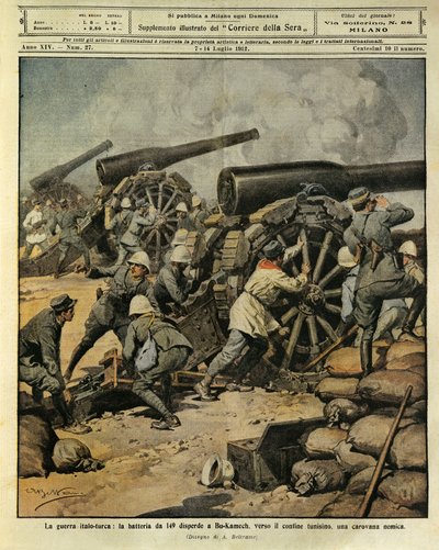 Olasz-török háború, ütegtűz a 149-es ágyúból, amely egy ellenséges karavánt irányított Bu-Kamekben a tunéziai határ felé, Achille Beltrame (1871-1945), La Domenica del Corriere-ből, 1912. július 7. alkotó: Achille Beltrame