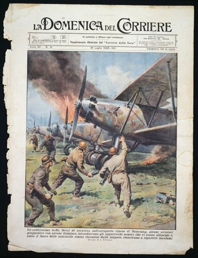 Japán kommandós támadás a kínai Nanchang repülőtér ellen, Achille Beltrame (1871-1945) táblája a La Domenica del Corriere újságból, július 31. alkotó: Achille Beltrame
