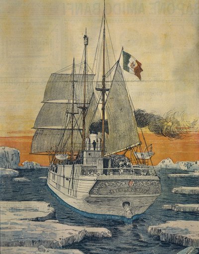 Utazás az Északi-sarkra: Sarkcsillag hajó, amely Luigi Amedeo Savoy-Aosta herceget, Abruzzi hercegét szállította a Rudolf-szigeten lévő Teplitz-öbölbe, Achille Beltrame (1871-1945), La Domenica del Corriere-ből alkotó: Achille Beltrame