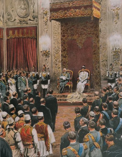 Olaszország királya, III. Savoyai Vittorio Emanuele, akit az albánok királyává koronáztak, Achille Beltrame, illusztráció, Achille Beltrame (1871-1945), a La Domenica del Corriere-ből alkotó: Achille Beltrame