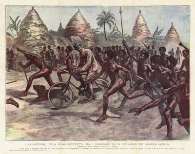 Az első bicikli megjelenése a kannibálok között, egy Bangwa faluban (Afrika) alkotó: Achille Beltrame