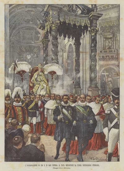 X. Pius koronázása a Szent Péter-templomban, a pápa adja az első nyilvános áldást alkotó: Achille Beltrame